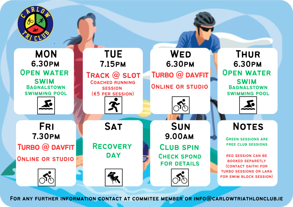 Graphic timetable titled ‘CTC Weekly Schedule Planner’ showing Carlow Triathlon Club’s sessions for each day. • Monday 6:30 pm – Open Water Swim, Bagnalstown Swimming Pool (green text with swim icon). • Tuesday 7:15 pm – Track @ SLOT, coached running session €5 (red text with run icon). • Wednesday 6:30 pm – Turbo @ Davfit, online or studio (red text with bike icon). • Thursday 6:30 pm – Open Water Swim, Bagnalstown Swimming Pool (green text with swim icon). • Friday 7:30 pm – Turbo @ Davfit, online or studio (red text with bike icon). • Saturday – Recovery Day (green text with rest icon). • Sunday 9:00 am – Club Spin, check Spond for details (green text with bike icon). Notes panel: green sessions are free club sessions; red sessions must be booked separately (contact Daithi for turbo or Lara for swim block). Club logo in top‑left corner; footer says to contact a committee member or email info@carlowtriathlonclub.ie for more information.